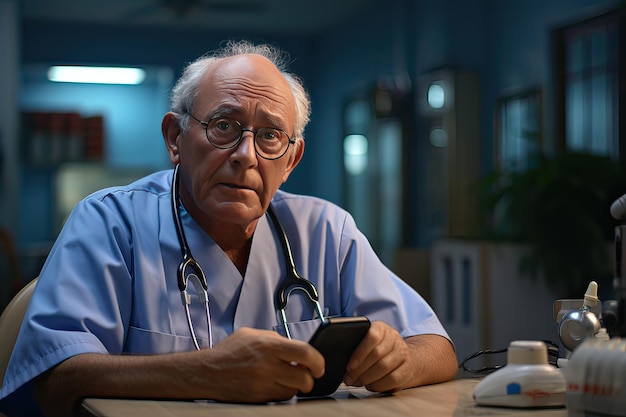 Foto homem velho usar dispositivo de telefone inteligente para verificar uma atualização notícias diárias para relaxar estresse rotinas do hospital ia gerativa