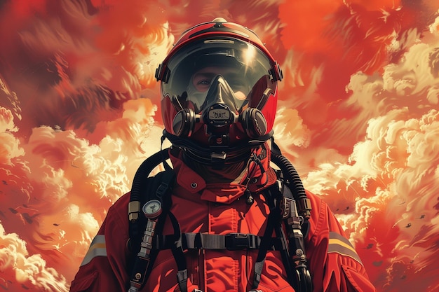Homem vestido com fato espacial vermelho está em frente ao céu vermelho vívido dia internacional dos bombeiros