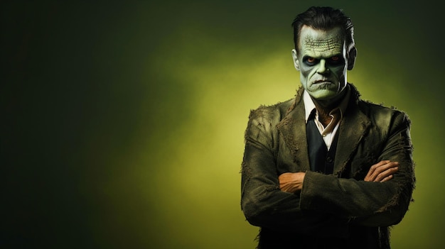 Homem vestido de Frankenstein em frente a um fundo isolado