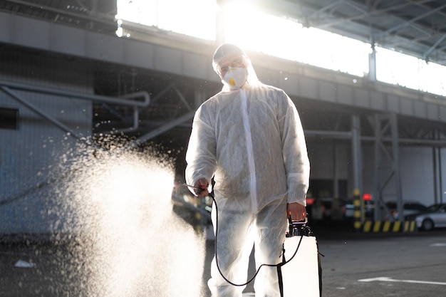 Homem vestido de macacão de proteção branco com spray de desinfetante antibacteriano de superfície