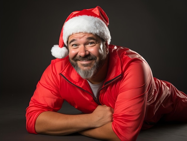 Homem vestido de Papai Noel em pose brincalhona em fundo sólido