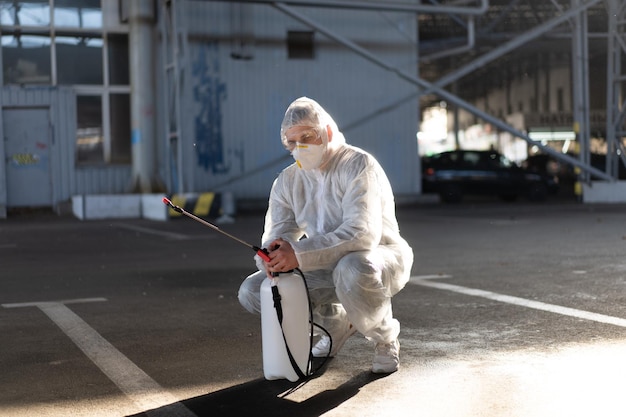 Homem vestido macacão protetor branco