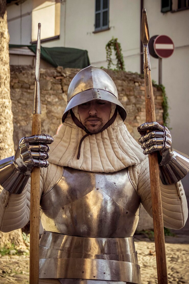 Foto homem vestindo armadura