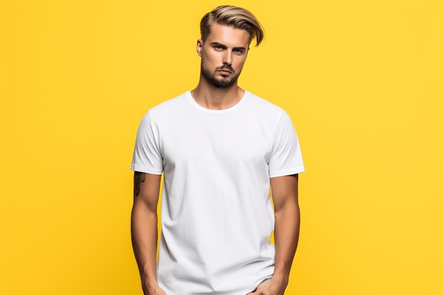 Homem vestindo camiseta branca em fundo amarelo close-up Mockup para design