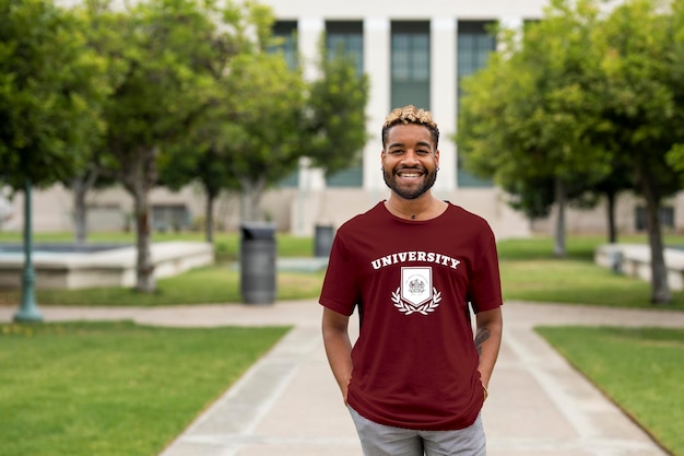 Homem vestindo camiseta da universidade no campus, roupas da faculdade