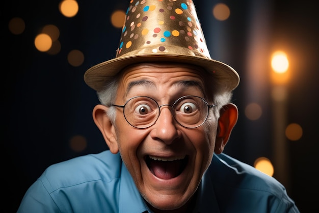 Homem vestindo chapéu de festa e óculos fazendo cara engraçada IA generativa