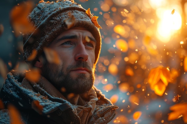 Homem vestindo chapéu e lenço de pé na neve Um homem vestido com roupas de inverno está na neve vestindo um chapéu e um lenço