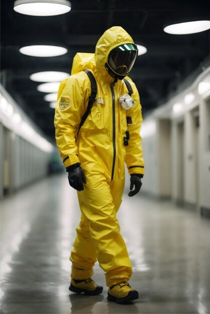 Foto homem vestindo equipamento amarelo de protecção lunar caminhando como michael jackson chão branco brilhante moon walki