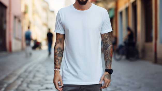 Homem vestindo maquete de camiseta branca em branco