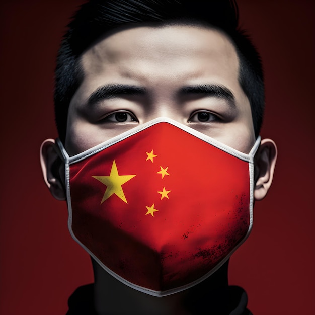 Homem vestindo máscara da bandeira chinesa. Bloqueio de china zero covid