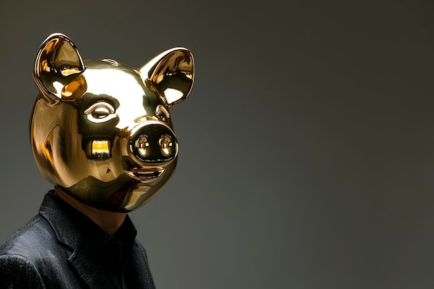 Homem vestindo máscara de Piggy Bank dourada e terno preto AI generativa