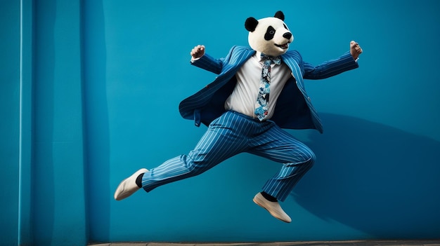 Homem vestindo terno azul vibrante e máscara de panda saltando