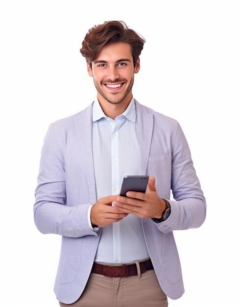 Homem vestindo terno sorrindo enquanto segura um telefone celular