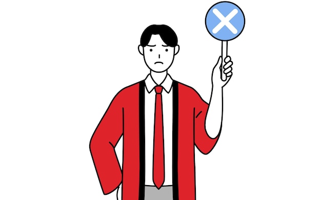 Homem vestindo um casaco Happi vermelho segurando uma placa com um X indicando resposta incorreta