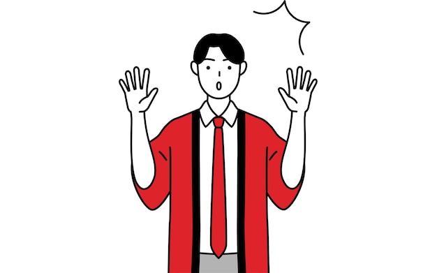Homem vestindo um casaco vermelho happi levantando a mão em surpresa