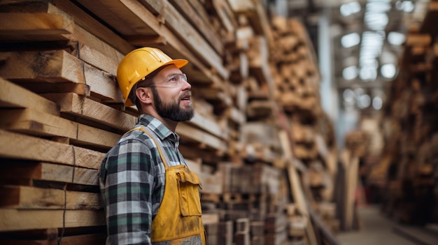 homem vestindo um chapéu duro está em frente a madeira cuidadosamente empilhada inspecionando os materiais em um cenário de madeira