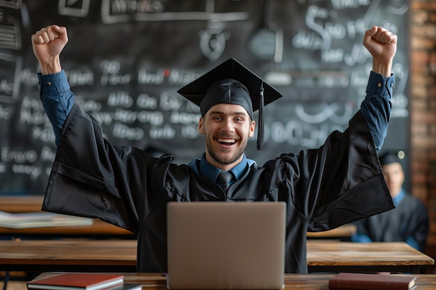 Homem vestindo um vestido de formatura e boné senta-se em uma mesa com seu laptop celebrando o conceito de aprendizagem on-line