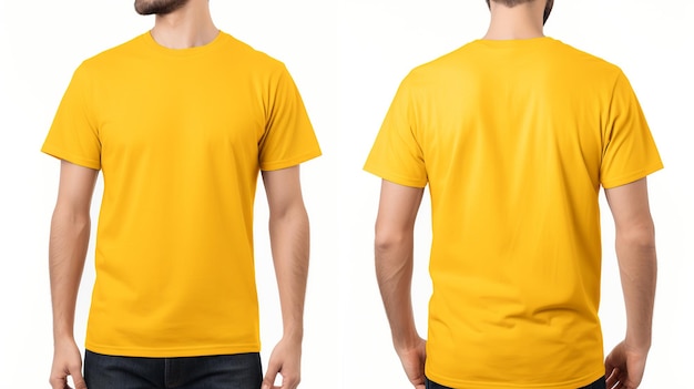 Homem vestindo uma camiseta amarela Maquete de vista frontal e traseira em fundo branco