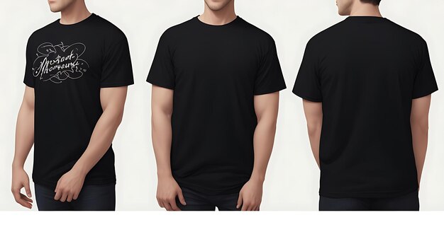 homem vestindo uma camiseta casual preta Vista lateral vista frontal de um modelo de simulação para um design de camiseta