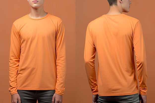 Homem vestindo uma camiseta laranja com mangas compridas Vista frontal e traseira