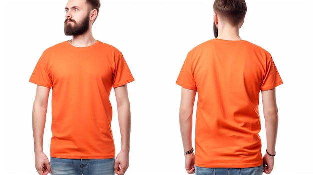 Homem vestindo uma camiseta laranja Modelo de vista dianteira e traseira em um modelo de fundo branco