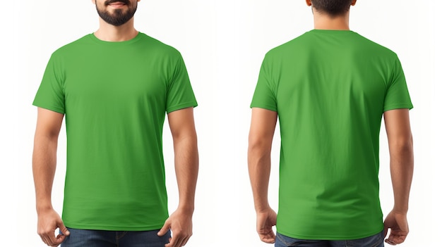 Homem vestindo uma camiseta verde Maquete de vista frontal e traseira isolada em fundo branco