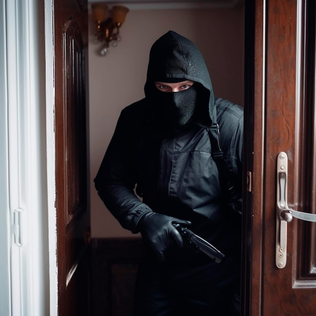 Homem vestindo uma máscara preta está segurando uma arma na mão de forma ameaçadora