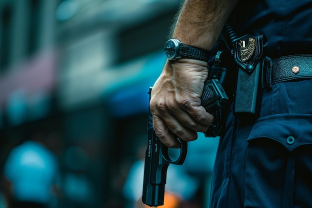 Homem vestindo uniforme de policial segurando uma pistola de cintura alta fotografando no centro da cidade fotográfica