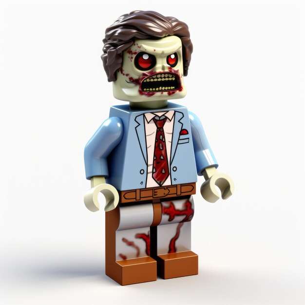 Foto homem-zombie lego 3d realista com gravata renderização de onda de terror hiperdetalhada