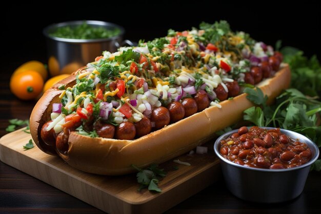 Foto homemade chili dog mit zesty salsa chili dog bilderfotografie