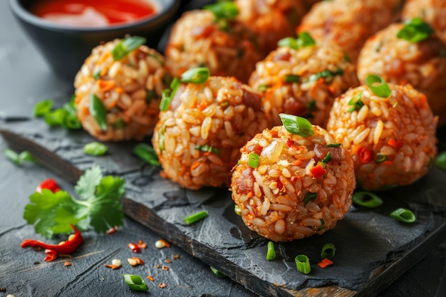 Homemade estilo asiático bolas de arroz picante aperitivos en plato de pizarra con salsa y hierbas mesa oscura