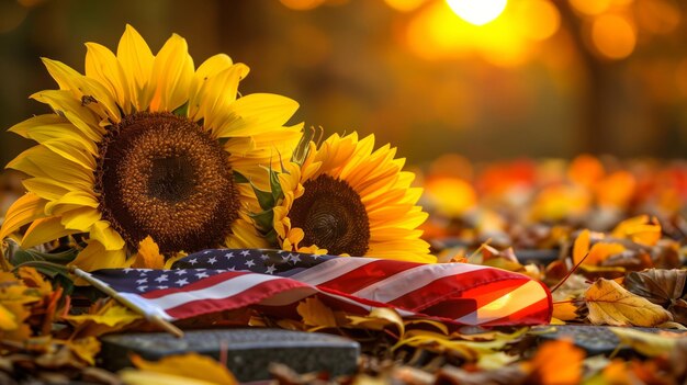 Homenagem ao Dia da Memória com girassóis e bandeira americana