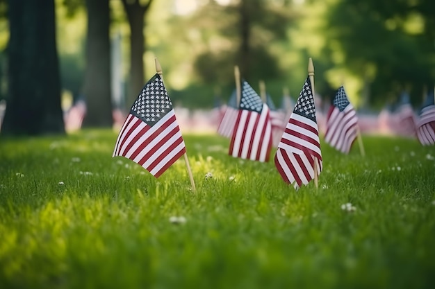 Homenaje al Día de los Caídos Muchas pequeñas banderas estadounidenses en un césped verde Red neuronal generada en mayo de 2023 No se basa en ninguna escena o patrón real