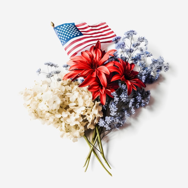 Homenaje floral vibrante color de la bandera americana flores sobre un fondo blanco aislado