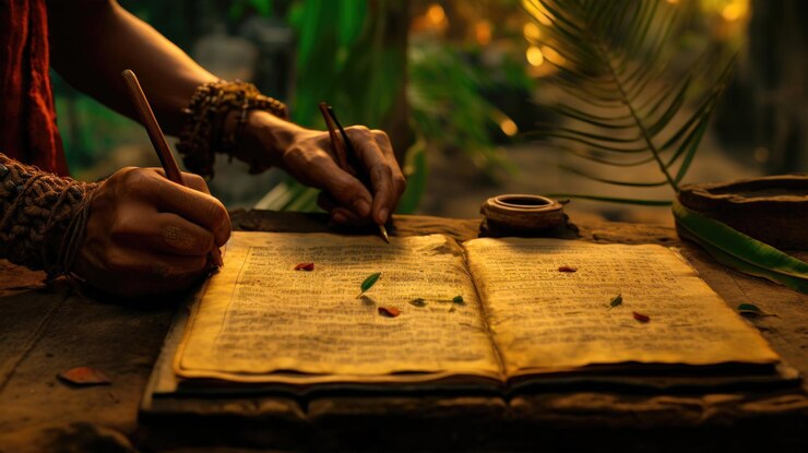Homenaje visual a la literatura y los manuscritos sánscritos antiguos