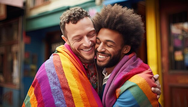 Foto homens abraçados enquanto estão vestidos com um lenço arco-íris no estilo do happycore