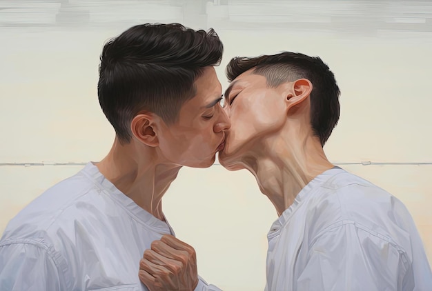 homens asiáticos beijando-se em frente a um fundo branco no estilo de he jiaying
