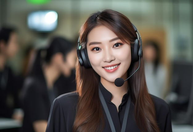 Foto homens asiáticos operador mulher agente com fones de ouvido trabalhando em um call center