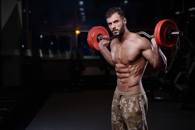 Homens atléticos fisiculturista forte sexy bombeando os músculos com halteres