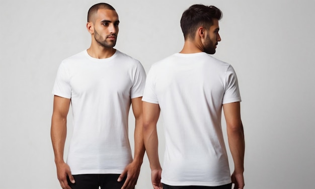 Foto homens bonitos vestindo uma camiseta branca em branco como modelo de design mock up de camiseta casual branca