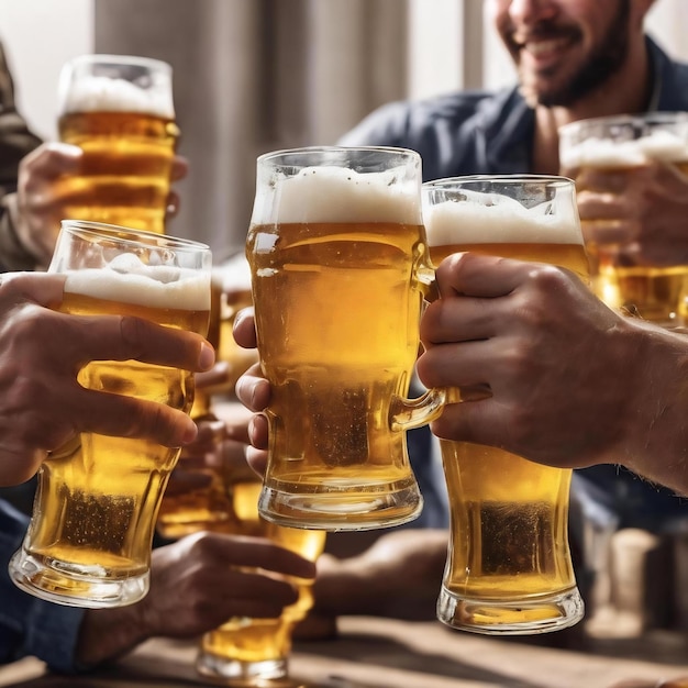 Homens brindando com cerveja em fundo branco