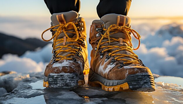 Foto homens caminhando no inverno explorando montanhas com botas de caminhada geradas por ia