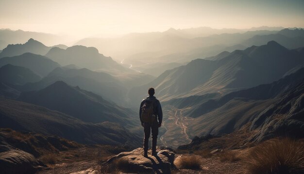 Homens caminhando no pico da montanha alcançando extremo sucesso gerado pela IA