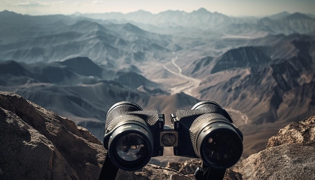 Homens caminhando no pico da montanha olhando para a vista panorâmica com equipamento gerado por inteligência artificial