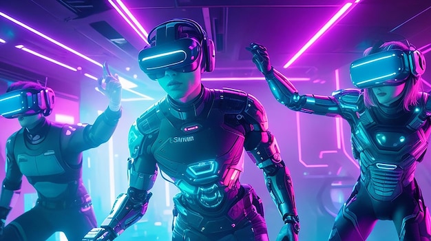 Homens ciborgues futuristas jogam jogo de boate de realidade virtual