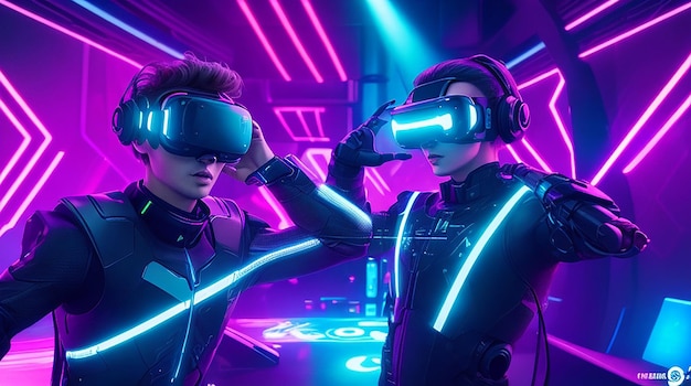 Homens ciborgues futuristas jogam jogo de boate de realidade virtual