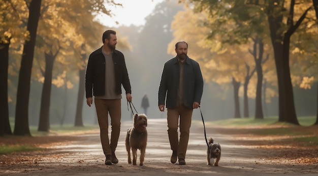 Homens com cães no parque