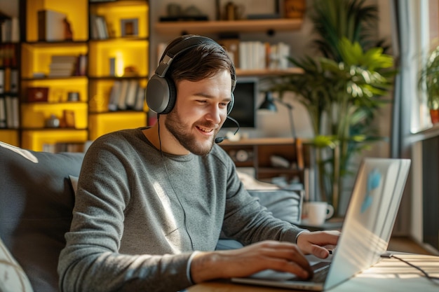 Homens com fones de ouvido a trabalhar no portátil com um sorriso em casa.