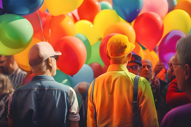 Homens com roupas coloridas entre balões no mês do orgulho LGBT da parada Generative AI