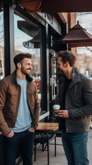 Foto homens conversando com o café